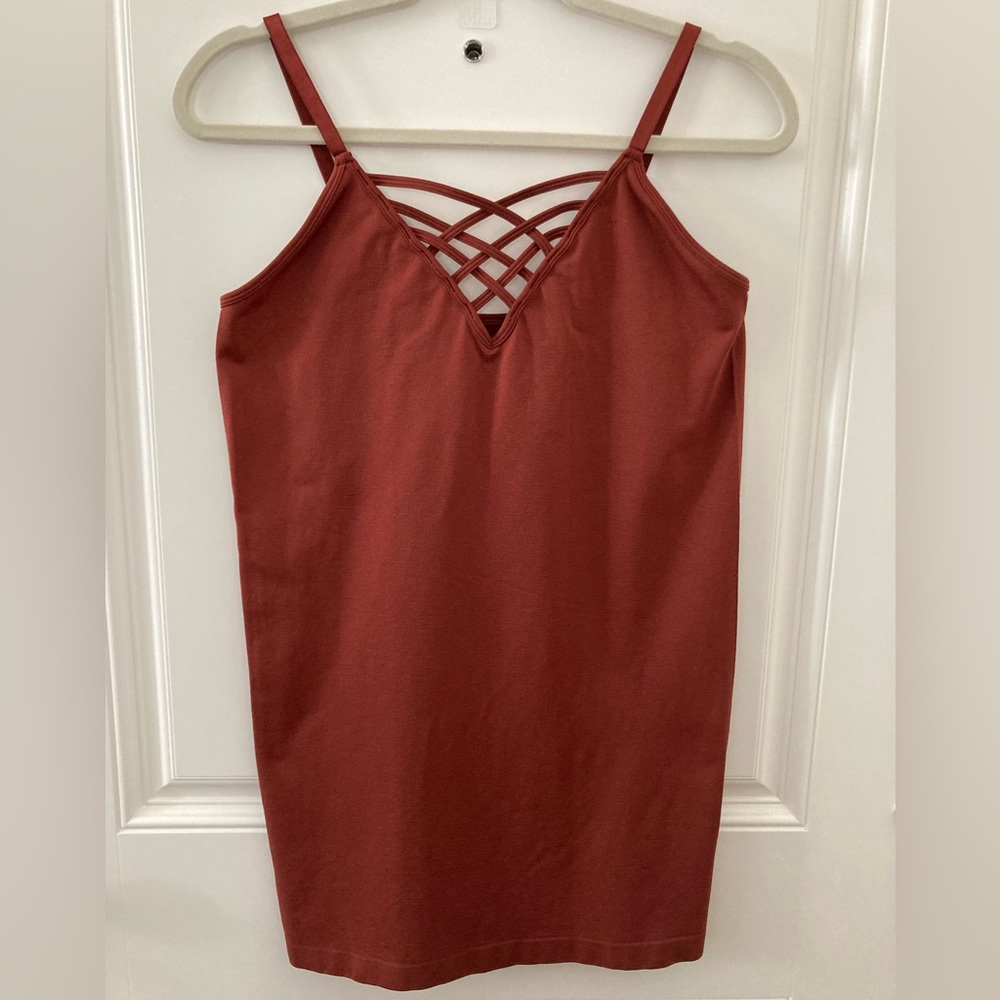 Zenana Women’s Plus Criss Cross V-neck Front Camisole Tank Brick Size 1X/2X